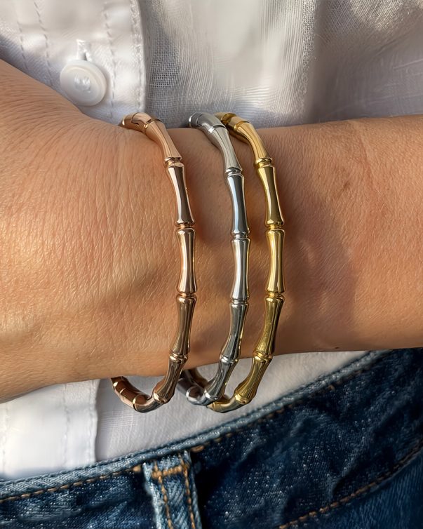 18K Gold Plated Stainless Steel Bamboo Bangle Bracelet - Gold