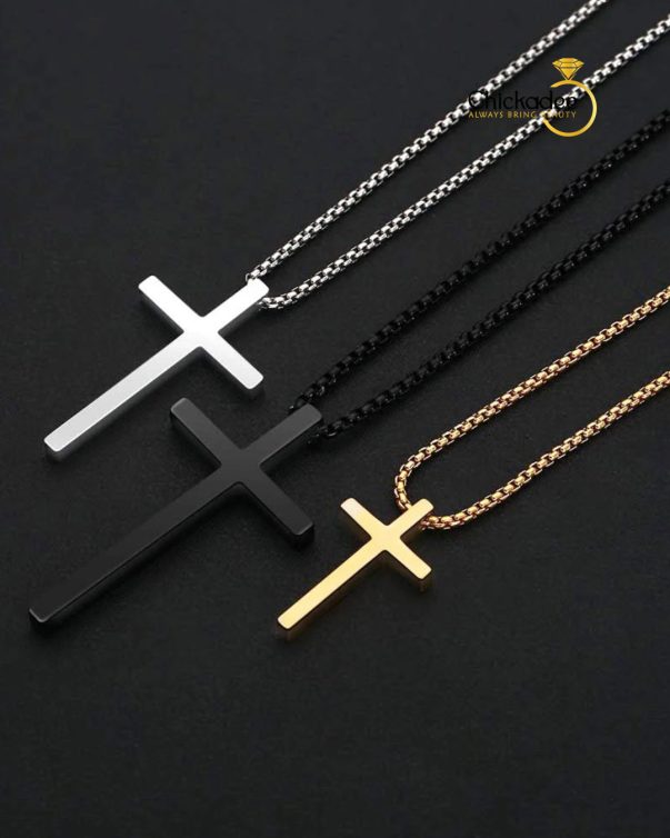 18K Gold Plated Stainless Steel Cross Pendant Box Chain Necklace - 24inches