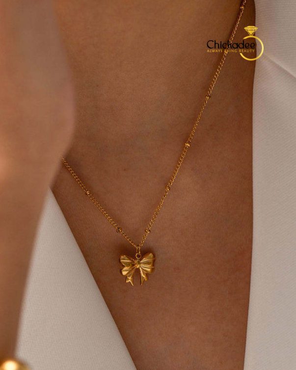 18K Gold Plated Stainless Steel Dainty Bow Knot Necklace