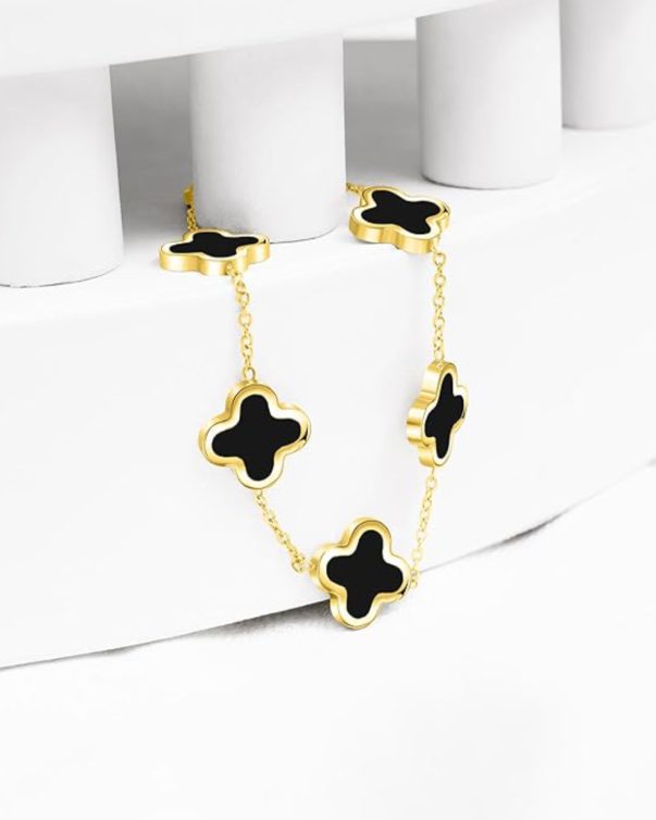 18K Gold Plated Stainless Steel Five Leaf Clover Bracelet Double side black