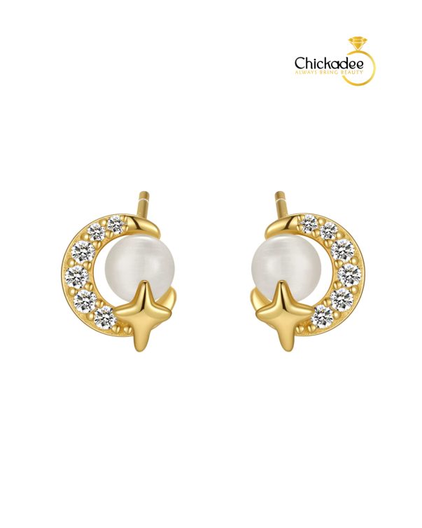 925 Sterling Silver Cubic Zirconia Shell Pearl Gold Simple Stud Set Star Moon Earrings