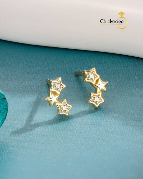 925 Sterling Silver Star Stud Bezel CZ Cute Three Stars Earrings Set