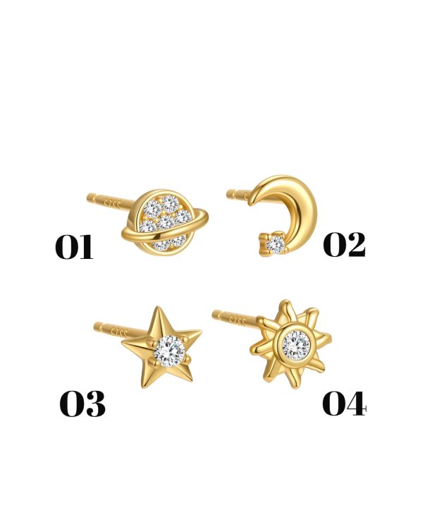 Small Round CZ Sun Moon Star Planet Stud Earrings