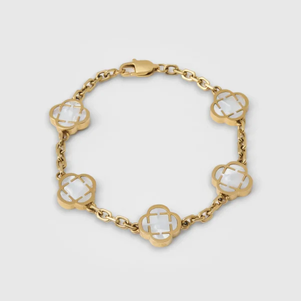 18K Gold Plated Stainless Steel White Clover Stone Bracelet (Gold)