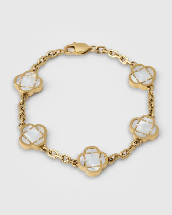 18K Gold Plated Stainless Steel White Clover Stone Bracelet (Gold)