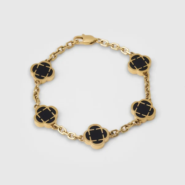 18k gold plated Stainless Steel Onyx Clover Stone Bracelet (Gold)