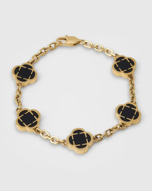 18k gold plated Stainless Steel Onyx Clover Stone Bracelet (Gold)