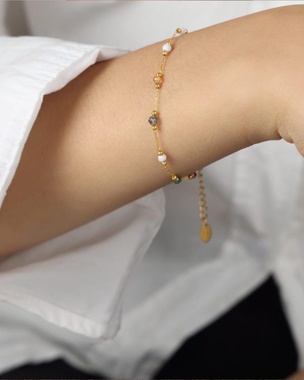 Gold Plated Stainless Steel Colored Crystal Beads Stainless Steel Necklace