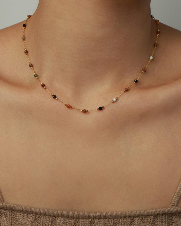 Gold Plated Stainless Steel Colored Crystal Beads Stainless Steel Necklace