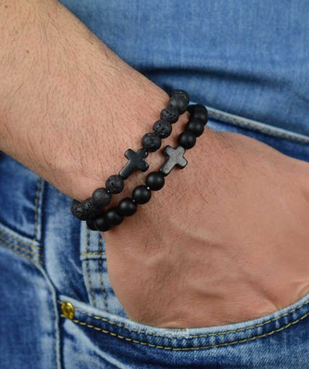 Natural Lava Stone Beads Bracelets Cross Bracelet