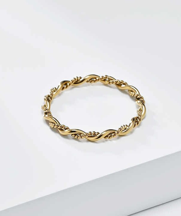 18K Gold Plated Stainless Steel Twist Round Yarn Double Strand Braid Rings