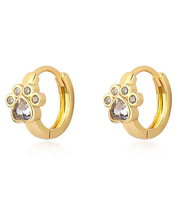 925 Sterling Silver Gold Plated Zircon Setting Paw Print Shape Huggie Hoop Earrings