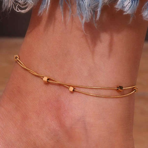 18k Gold Plated Stainless Steel Double Layer Geometric Square Anklet