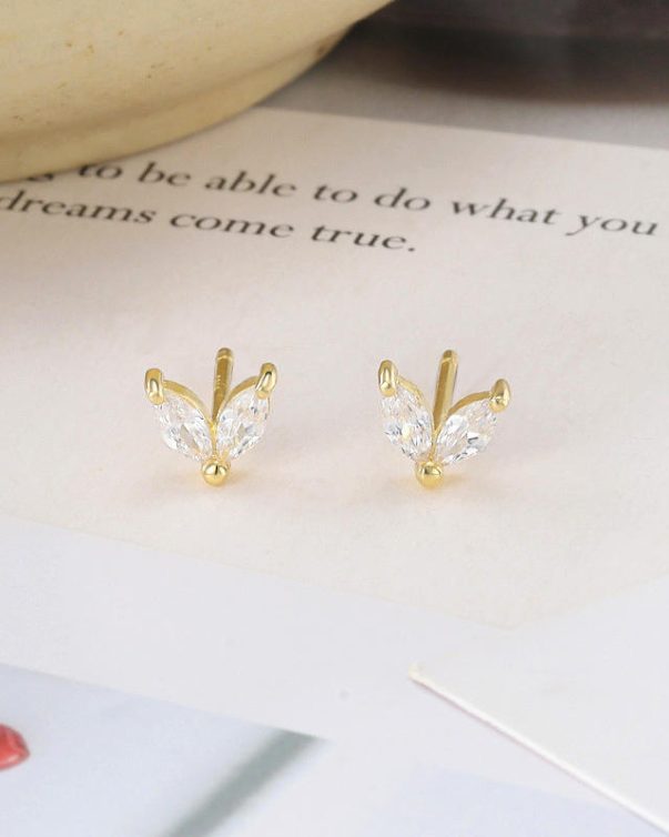 18K Gold Plated Zirconia Ear Rings Leaf Stud Earrings