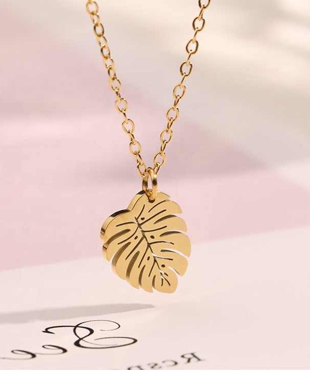 18K Gold Plated Stainless Steel Jewelry Monstera Coconut Palm Tree Leaf Pendant Necklace- Big