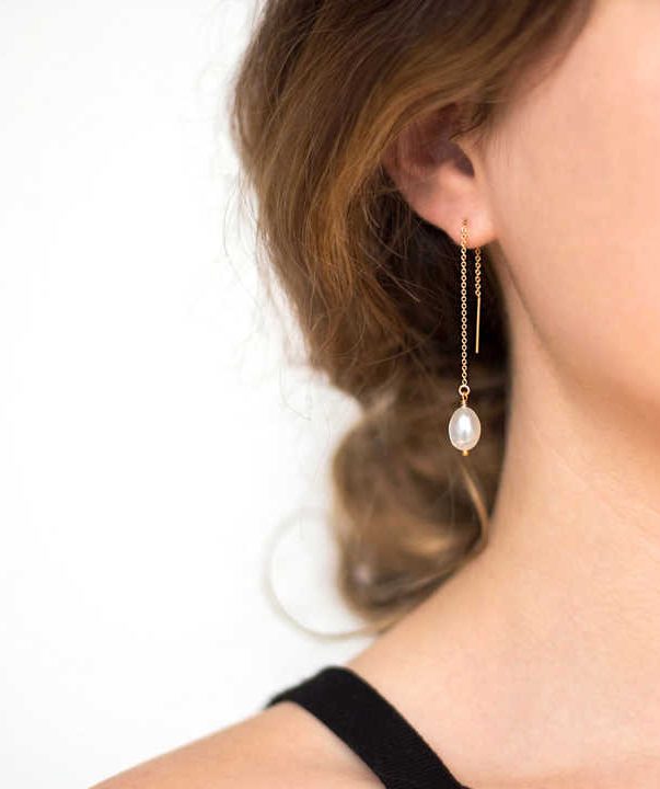 18K Gold Plated Freshwater Pearl Drop Threader Earrings
