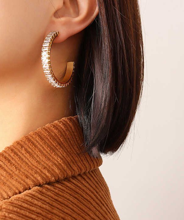 18k Gold Plated Stainless Steel  Zircon Tennis Baguette Stud Open Hoop Earrings