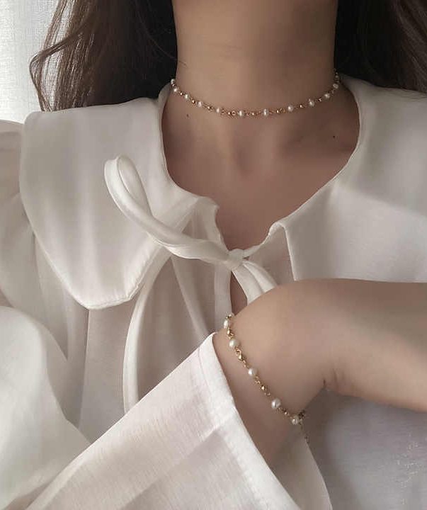 18K Gold plated Stainless Steel Pearl Beads Chain Link Choker Necklace