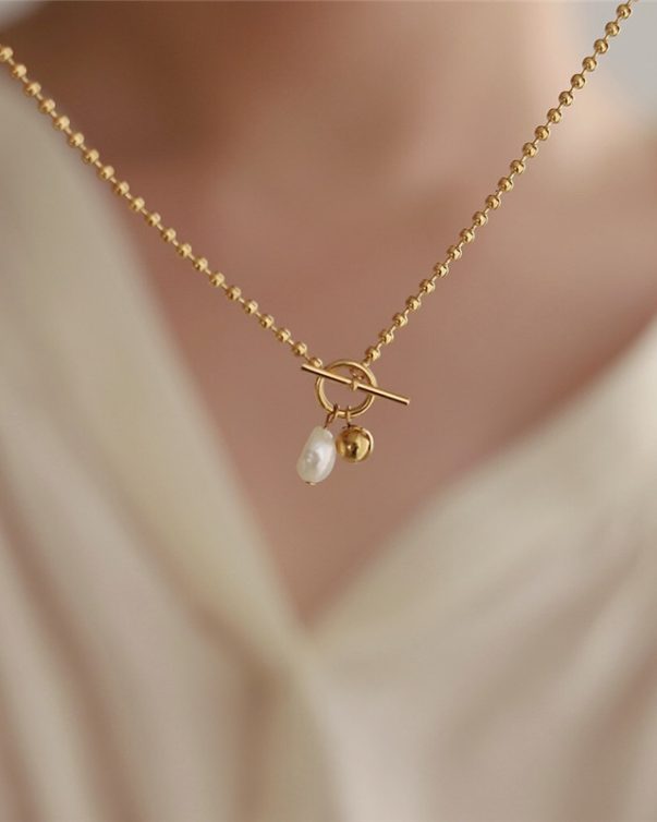 18K Gold Stainless Steel Jewelry Single Freshwater Pearl Round Beads Choker Necklace
