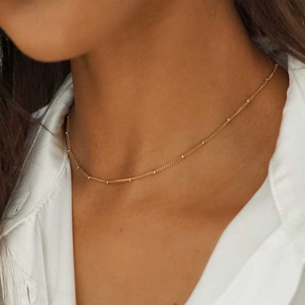 18K Gold Plated Shiny Thin Bead Chain Necklace Mini Chain Chokers Necklace