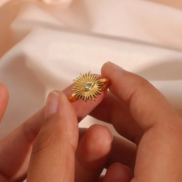18K Gold Plated Stainless Steel Evil Eye Zircon Adjustable Ring