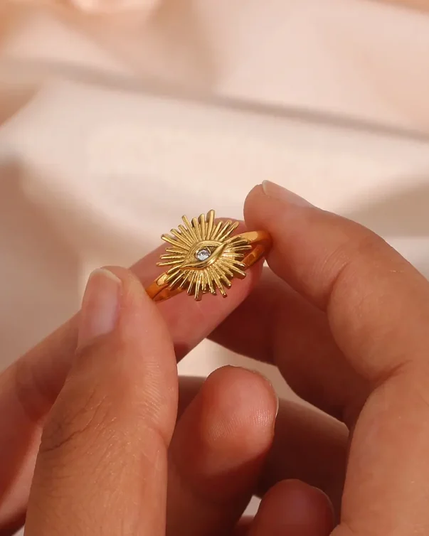 18K Gold Plated Stainless Steel Evil Eye Zircon Adjustable Ring