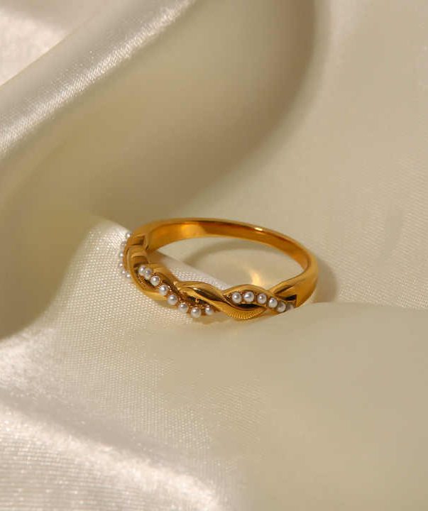 18k Gold Plated Stainless Steel Twisted Tiny Pearl Rings