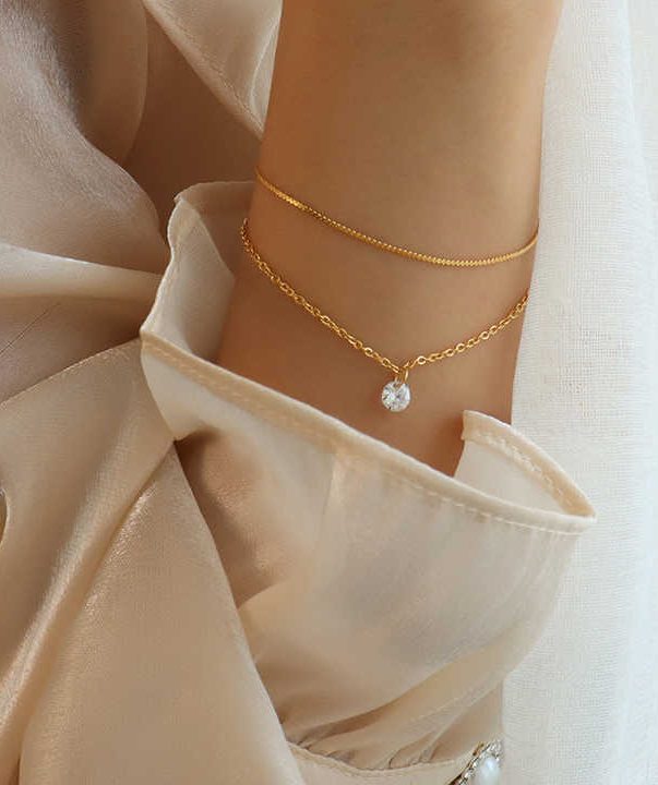18K Real Gold Plated Stainless Steel Double Layered Chain Zircon Bracelets