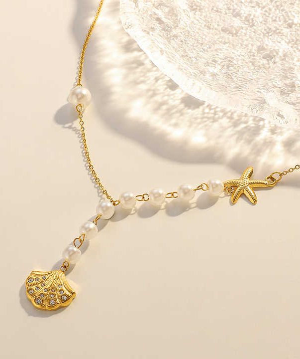 18k Gold Plated Stainless Steel Pearl Ocean