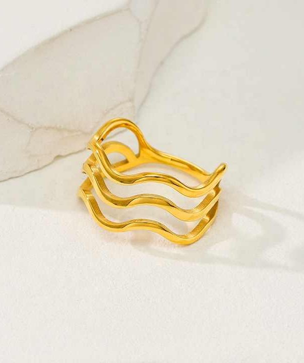 18K Gold Plated Stainless Steel High Polish Three Layers Wave Gold Rings