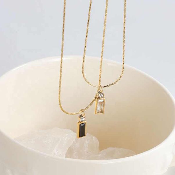 18k Gold Plated Stainless Steel Geometric Square Black Zircon Necklace