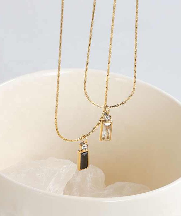 18k Gold Plated Stainless Steel Geometric Square Black Zircon Necklace