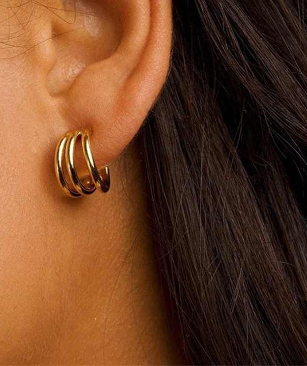 18K Gold Plated Stainless steel Minimalist Triple Hoop Stud Earrings