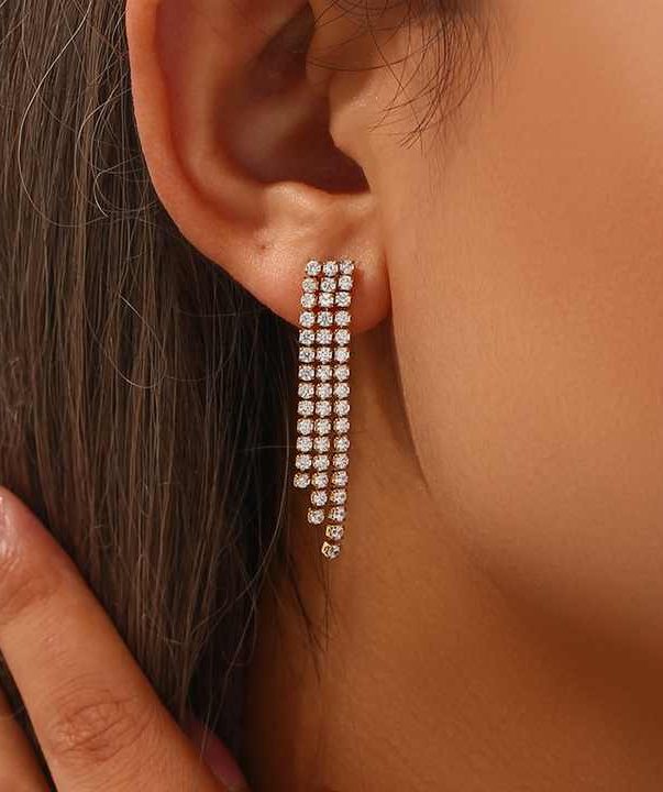 18K Gold Plated Stainless Steel Luxury Shining Crystal Zircon Tassel Earrings