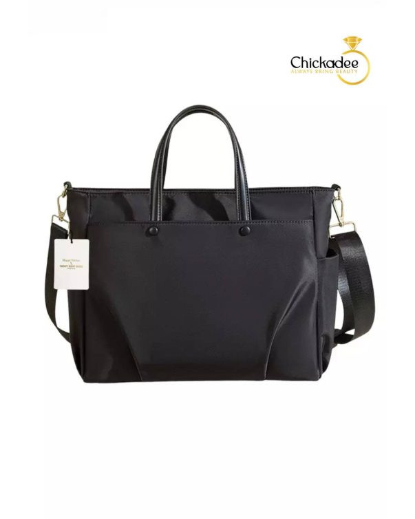 Large Capacity Nylon Oxford Patch Faux Leather Tote Bag- Elegant Black