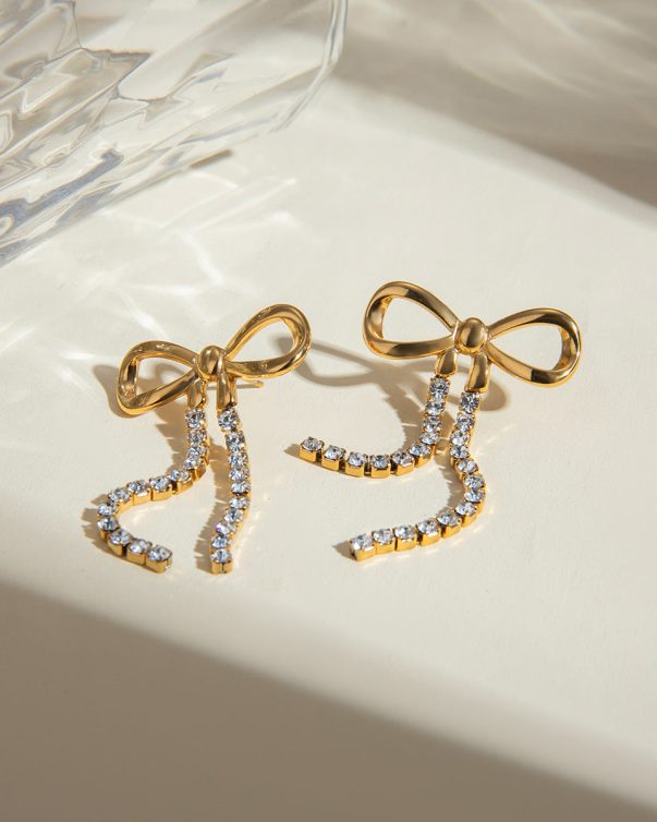 18K Gold Plated Stainless Steel Trendy Bowknot Diamond Chain Earrings