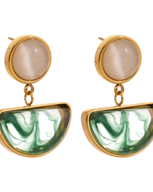 18K Gold Plated Stainless Steel Opal Stone Match Resin Stud Earrings