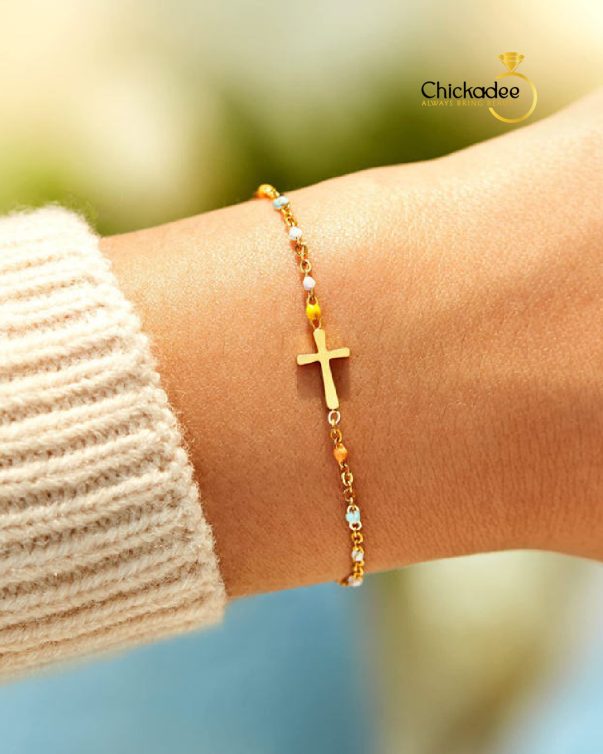 18k Gold Plated Stainless Seed Bead Cross Bracelet