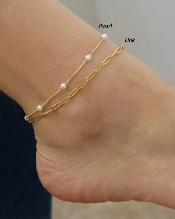 Gold Plated Stainless Steel Pearl Chain Anklets