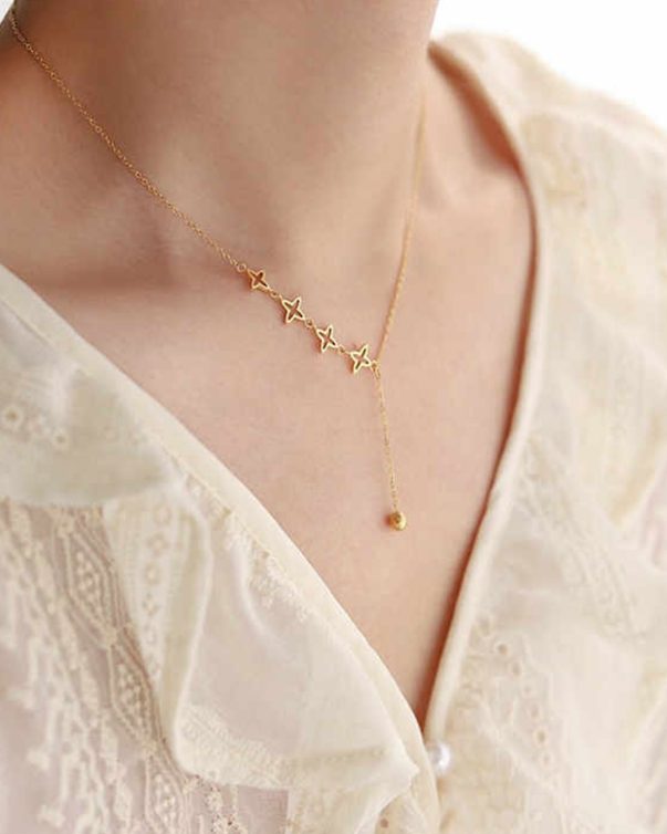 18K Gold Plated Stainless Steel Chain Link Four 4 Leaf Clover Y Lariat Form Necklace