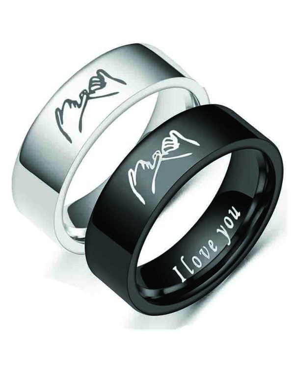 2 pcs Stainless Steel black silver hand pull hand hit inside mark love simple fashion couple ring