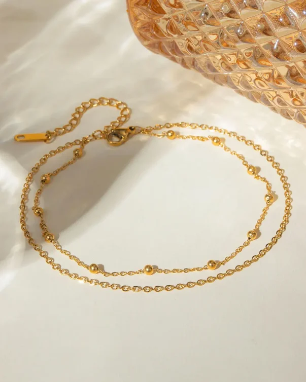 18K Gold Plated Stainless Steel Double Bead Chain Anklet