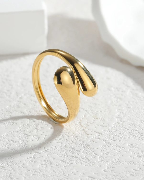 18K Gold Color Stainless Steel Smooth Double Beads Ring For Women Trendy Geometric Wedding Couple Metal Open Rings Jeweliry Gift