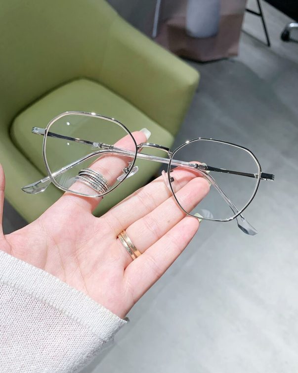 Silver Stainless Steel Metal Narrow Geometric Frame Anti-blue Light Glasses With Clear Lenses
