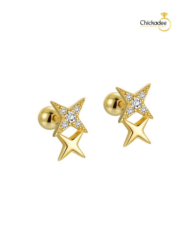 925 Sterling Silver Gold Plated Tiny Skeleton Pentagram Minimalist Screw Back Earrings