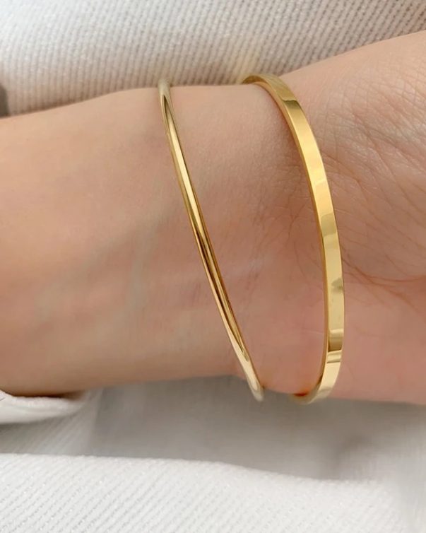 2pcs 18K Gold Plated Stainless Steel Stackable Bangles Bracelet Square & wire