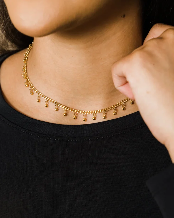 18K Gold Plated Stainless Steel Dangling Ball  Cuban Link Choker Necklaces