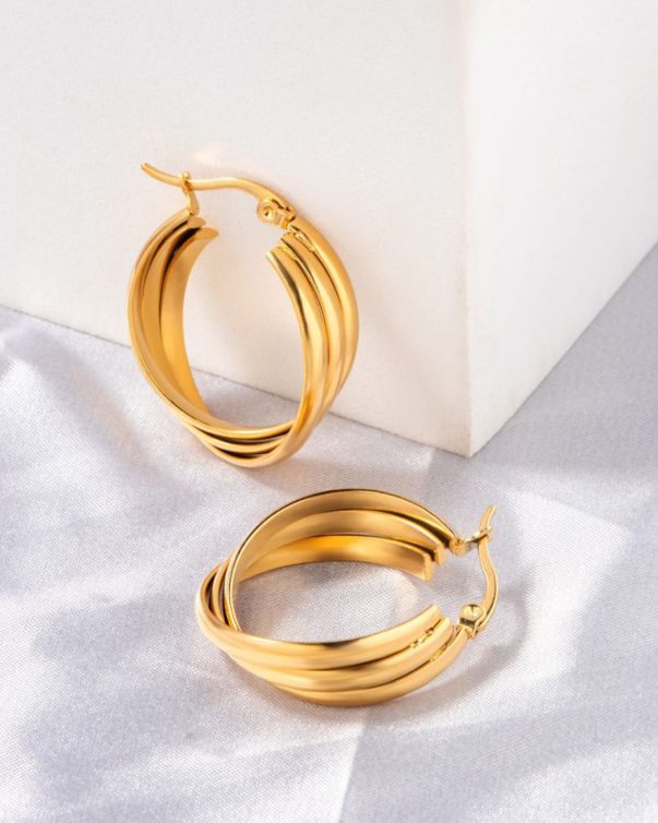 18k Gold Plated Stainless Steel Three Layer Twist Hoop Earring