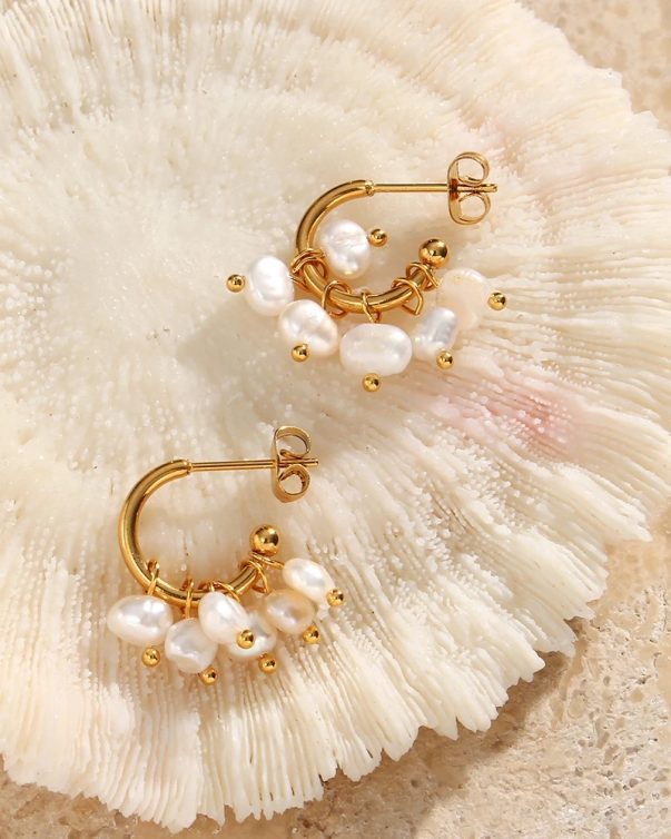 18K Gold Plated Stainless Steel Baroque Pearl Hoop Earrings