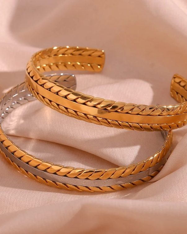 18K Gold Plated Stainless Steel  Twisted Wheat Texture Cuff Bracelet